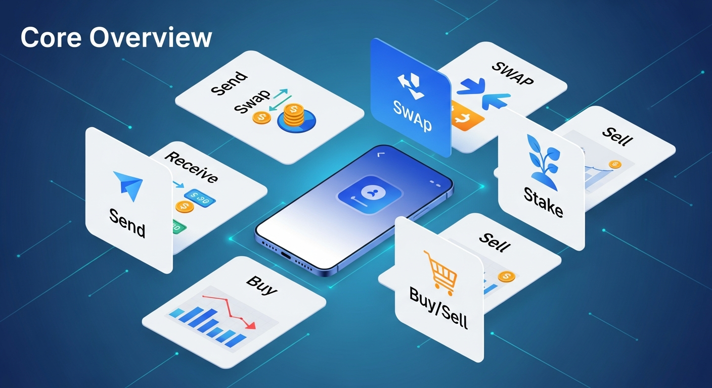 Ledger Wallet Funktionenübersicht zeigt Clear Signing, Staking-Interface, Swap-Vergleich, NFT-Galerie und DeFi dApp-Browser-Integration mit Hardware-Wallet-Sicherheit