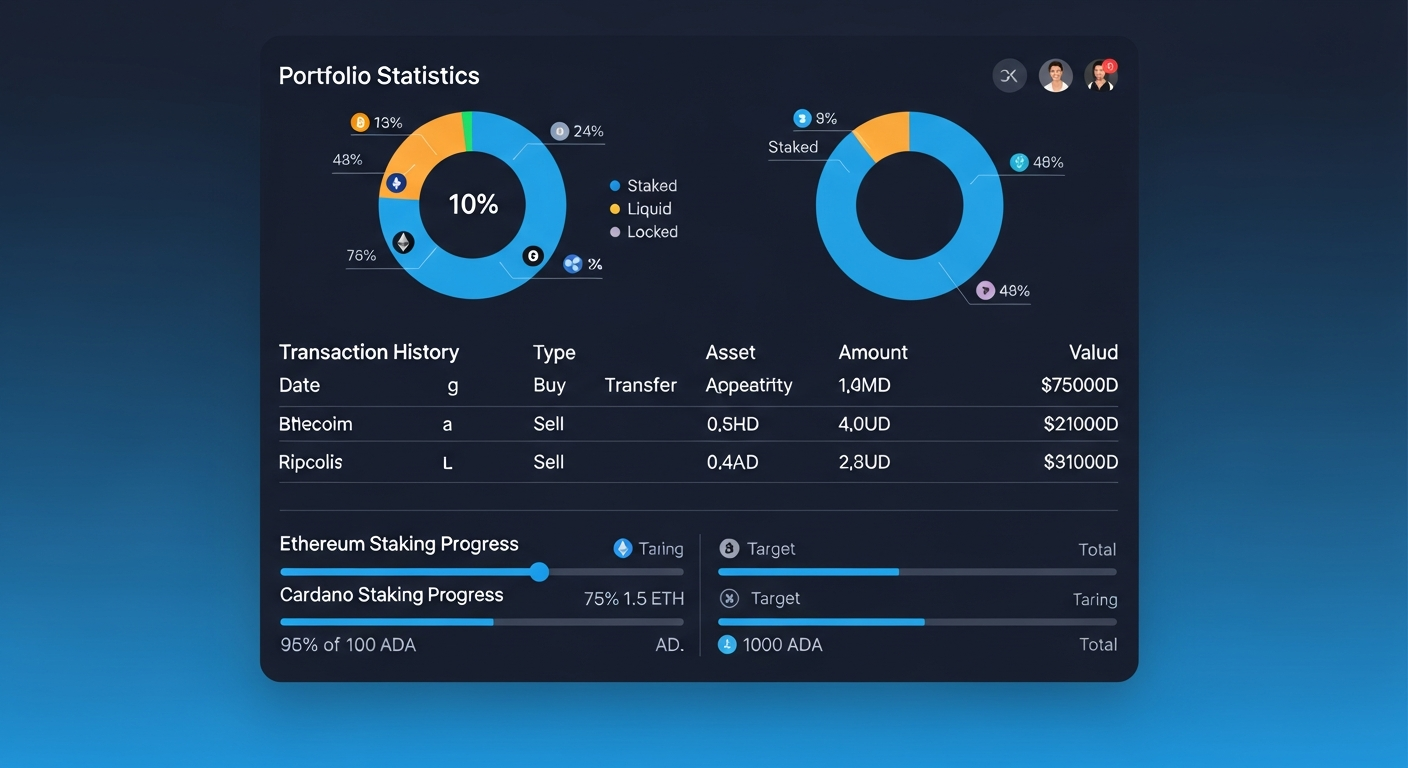 Панель управления портфелем Ledger Wallet, отображающая актуальные значения криптоактивов, награды за стейкинг и историю транзакций, защищенную технологией аппаратного кошелька